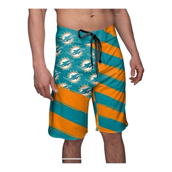 Miami Dolphins NFL Mens 38 Drawstring Diagonal Flag Board Shorts‎ Green Orange - Picture 2 of 12